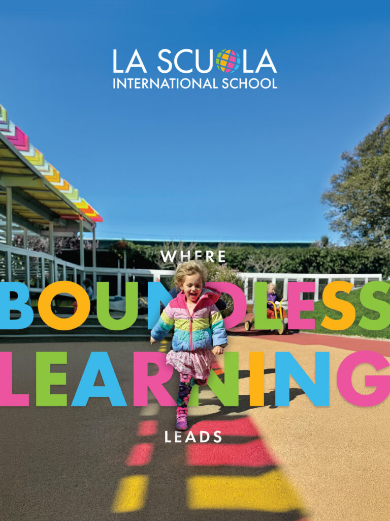 2026 Viewbook cover: “Where boundless learning leads”, a child running along a painted play yard