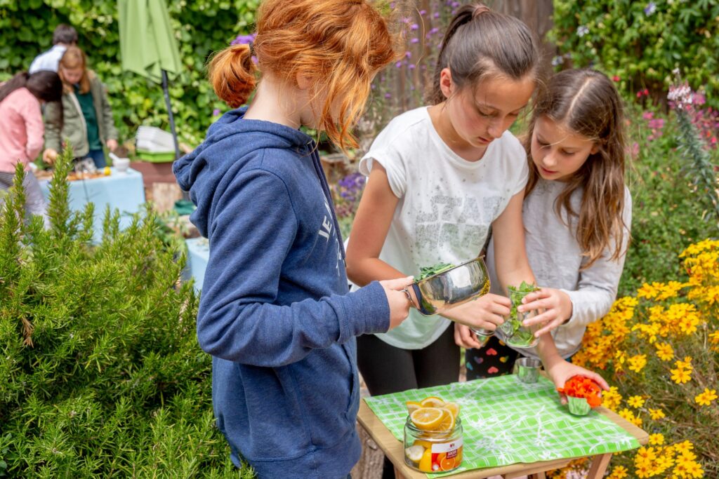 Students clipping herbs into a bowl at a cart in the flowering garden