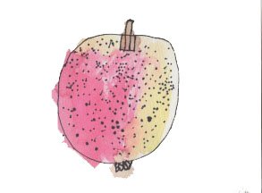 Child’s drawing of a pink and yellow apple
