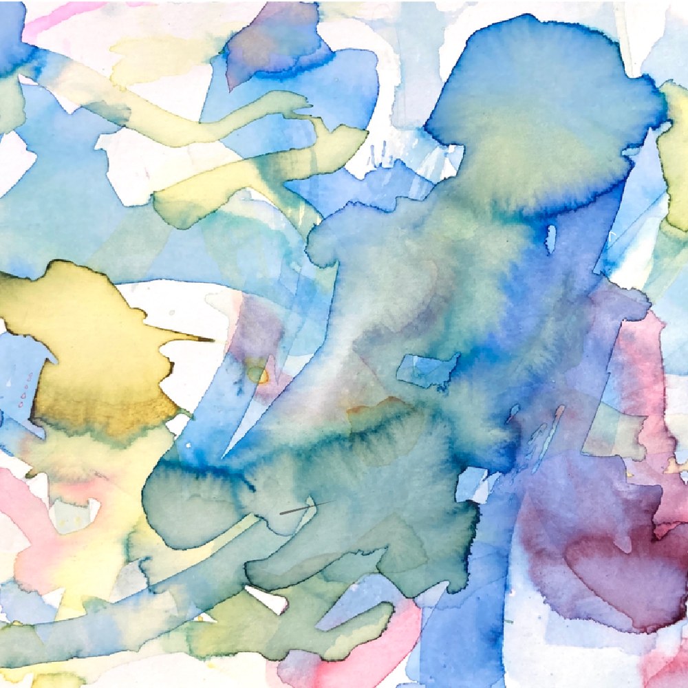 Child’s watercolour painting in blue and yellow