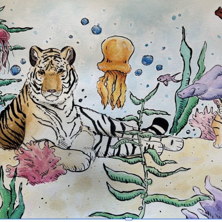 Student artwork of a tiger among jellyfish and seaweed